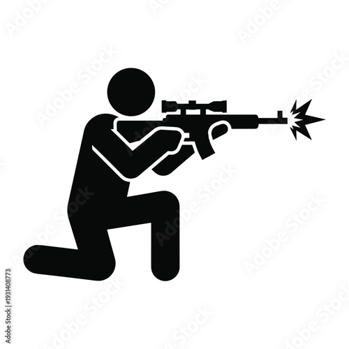Kneeling sniper stick figure icon firing a rifle with scope aiming at target for military or hunting