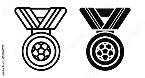 Soccer medal icon set featuring football ball award with ribbon in outline and solid black silhouette styles for sports competition victory