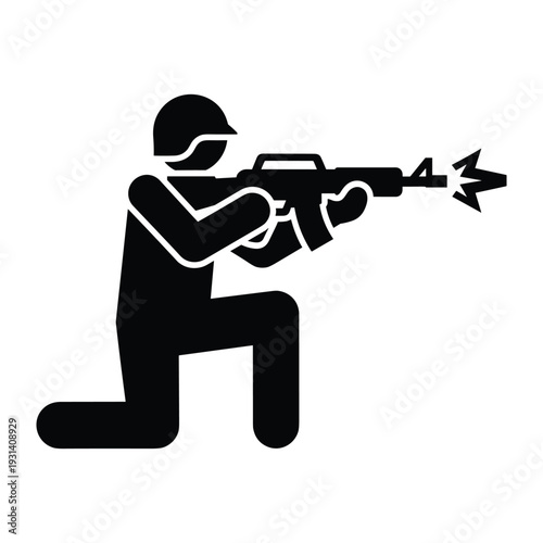 Soldier kneeling and firing an assault rifle during combat mission silhouette icon for military and war themes
