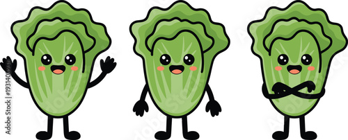 Three green cartoon celery characters with different expressions