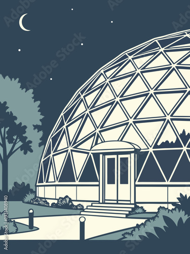 Geodesic Dome Structure at Night with Crescent Moon.