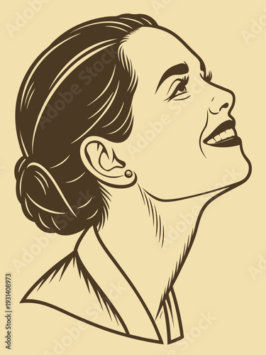 Happy woman looking up with a joyful expression.