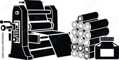 Industrial Offset Printing Press Silhouette Featuring Paper Roll Feed System Stacked Print Media Rolls and Liquid Ink Container