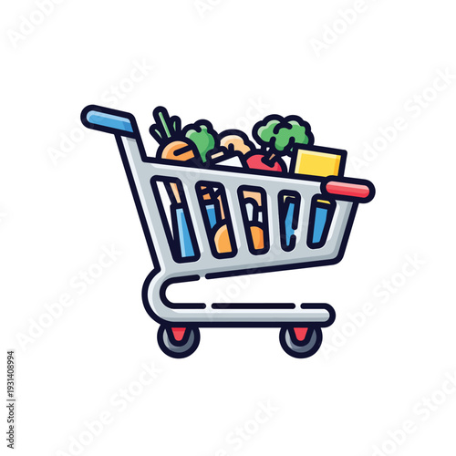 Vector illustration of a shopping cart filled with various groceries from a supermarket viewed from the side in a clean environment