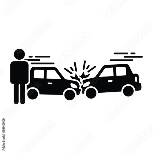 Car accident icon showing two vehicles crashing head on with a pedestrian witness standing on the side road