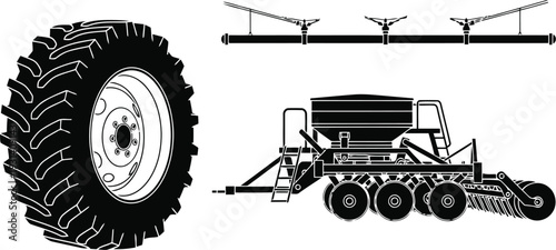 Modern Farming Silhouette Featuring Heavy Duty Tractor Tire Industrial Seed Drill Planter and Automatic Overhead Field Irrigation System