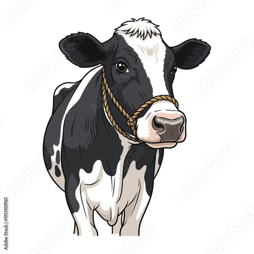 Vector illustration of a black and white cow with a rope halter, close-up portrait, farm animal scene.
