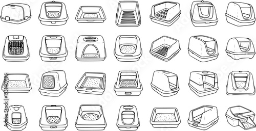 Diverse Cat Litter Box Collection: Black and White Line Art