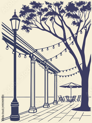 Outdoor cafe with string lights and trees.