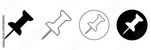 Collection of diverse black and white pushpin icons in solid outline and circled variations for graphic applications