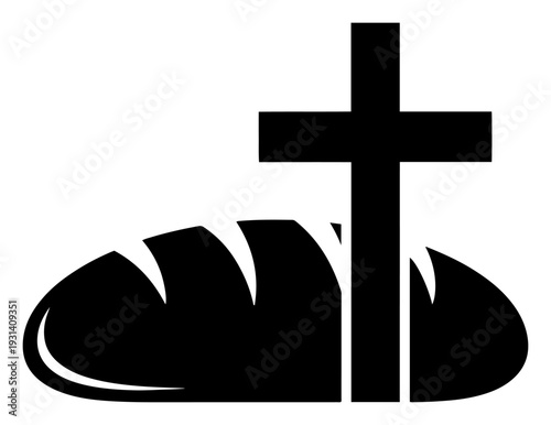 Religious christian icon featuring a bold black cross and stylized bread loaf silhouette