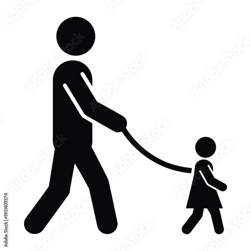 Adult walking with child on safety leash harness silhouette icon for parenting and child security protection measure