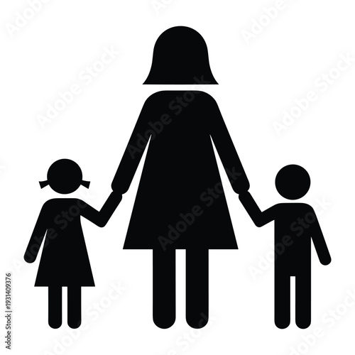 Mother holding hands with daughter and son silhouette icon representing family unity parenthood childhood and single mother care