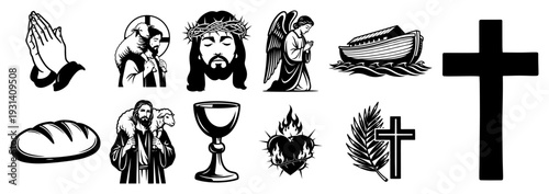 Collection of black and white Christian religious symbols including Jesus and various spiritual icons for church design