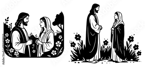 Christian religious scenes showing Jesus Christ interacting with Mary in a garden setting black and white illustration