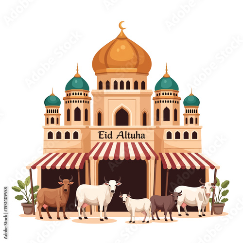 Vector illustration of a mosque with sheep standing in front of it during Eid Al Adha celebration