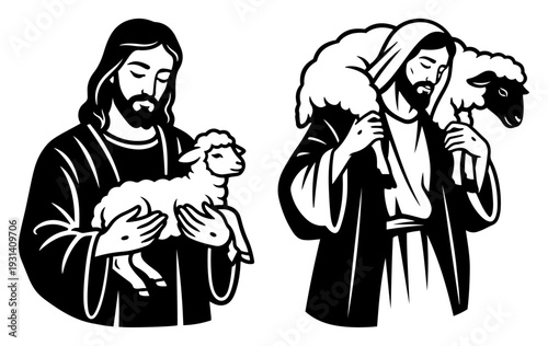 Jesus Christ as the good shepherd holding a lamb in black and white silhouette vector style