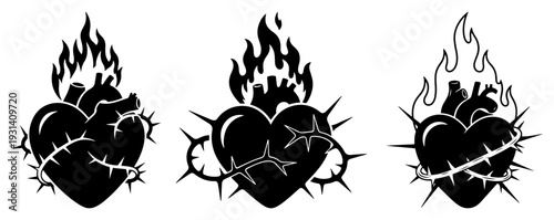 Sacred heart of jesus with thorns and flames icons set in black and white vector format