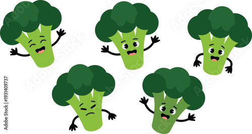 Five cartoon broccoli with expressive faces and arms green