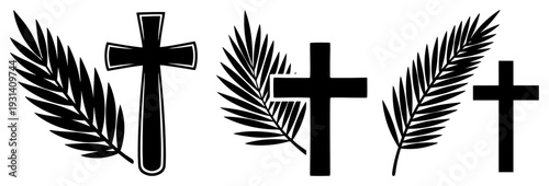 Palm Sunday cross with palm leaves and branches in minimalist black and white vector style