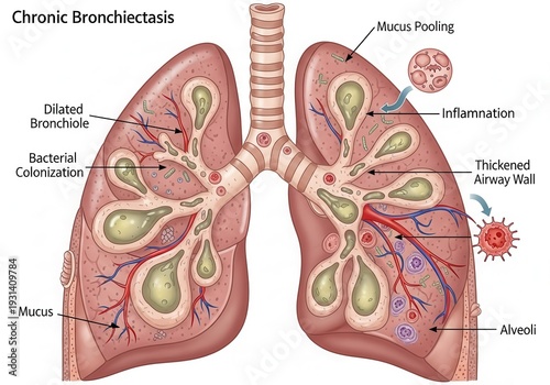 Illustration of chronic bronchiectasis showing dilated bronchioles, mucus pooling, and inflammation