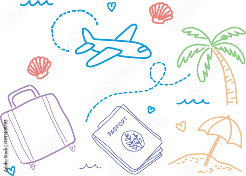 A vibrant and charming doodle style illustration captures the excitement of summer vacations, featuring essential elements like a blue airplane soaring across a dotted flight path, a sturdy travel sui