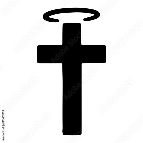 Minimalist black silhouette of a christian cross with a halo ring above it