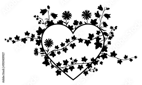 Elegant heart shape silhouette decorated with climbing ivy vines and delicate floral elements