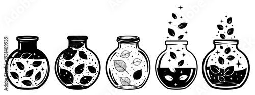 Set of decorative glass jars filled with herbal leaves and magical floating particles in silhouette style