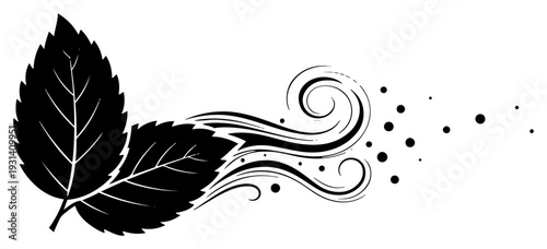 Mint leaves silhouette with decorative wind swirls and blowing particles showing movement