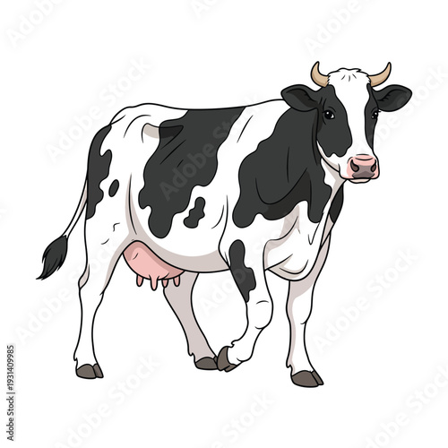 Vector illustration of a cow standing with udder exposed, side view, isolated on a plain background.