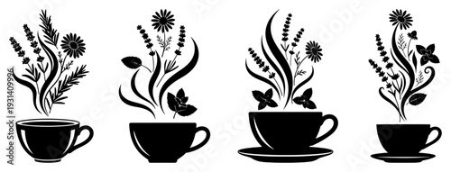 Collection of herbal tea cup silhouettes with aromatic steam clouds turning into botanical plants