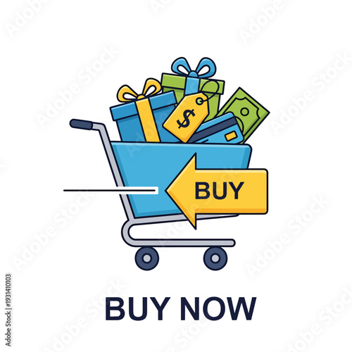 Shopping cart filled with gift boxes and cash, promoting a buy now action, viewed from the side in a simple vector illustration