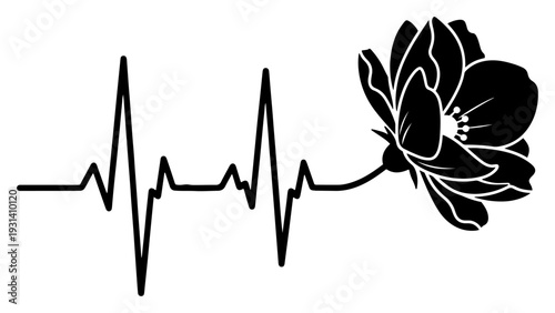Heartbeat pulse ekg line transforming into a blooming flower vector silhouette illustration