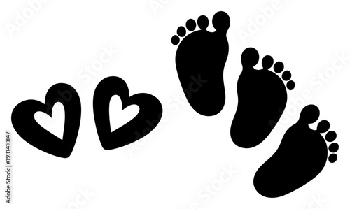 Black silhouette of baby footprints and hearts representing newborn life and childhood