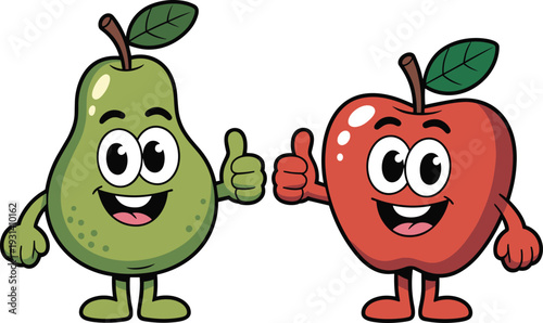Green pear and red apple with faces giving thumbs up cartoon