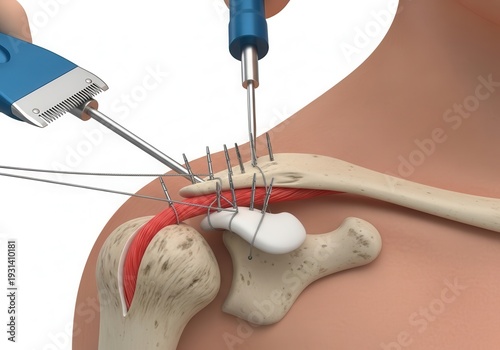 Close-up illustration of shoulder surgery showing rotator cuff repair with sutures and anchors