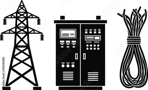 Urban Infrastructure Silhouette Featuring Municipal Electronic Parking Meter and Standard Three-Light Traffic Signal for City Street Management
