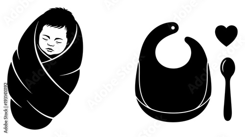 Set of baby care icons with swaddled infant bib and feeding spoon silhouettes