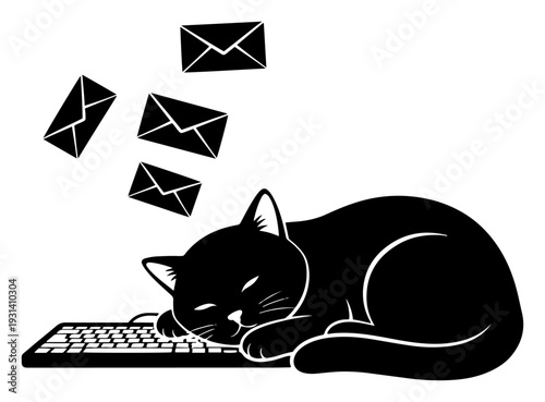 Cute cat sleeping on a computer keyboard with email notification icons silhouette
