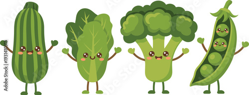 Four cartoon green vegetables with happy faces standing together