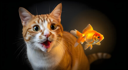 A curious orange cat with its mouth open looking at a goldfish