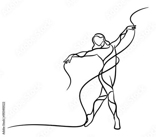 Minimalist continuous line drawing of a person dancing with a flowing ribbon
