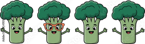 Four cartoon broccoli characters with arms and faces in different poses