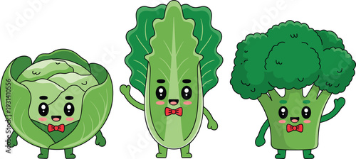 Three cartoon vegetables with red bows and happy faces broccoli
