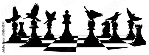 Chessboard set with birds perched on chess pieces in black and white vector design