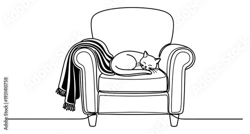 Cozy scene of a sleeping cat curled up on a comfortable armchair with blanket