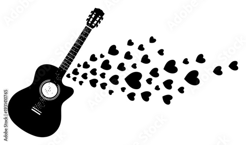 Acoustic guitar silhouette with many hearts floating like musical notes for romantic theme