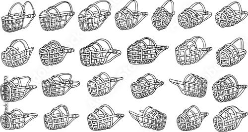 Various Dog Muzzles Set - Hand-drawn Vector Line Art Illustration of Different Types of Pet Safety Devices in Black and White Outline Sketch Style