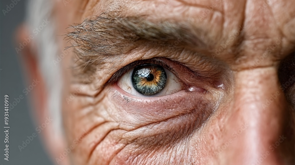 Fototapeta premium Close-up of an elderly man's eye showcasing intricate details, including wrinkles, eyelashes, and a vibrant blue iris with hints of brown, set against a neutral background